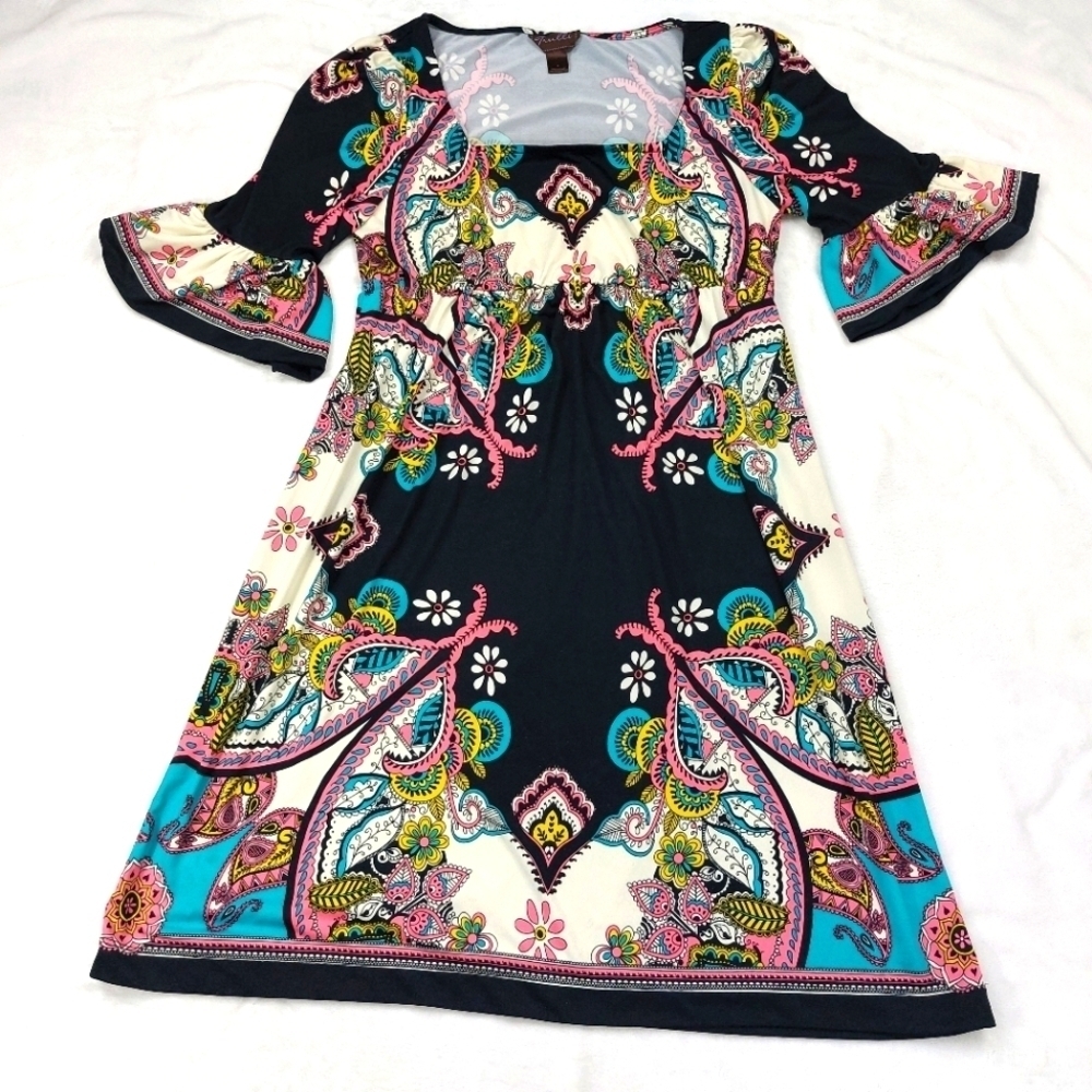 TRULLI WOMEN'S MULTICOLORED PAISLEY FLORAL BELL SLEEVE SQUARE NECK DRESS SIZE 6